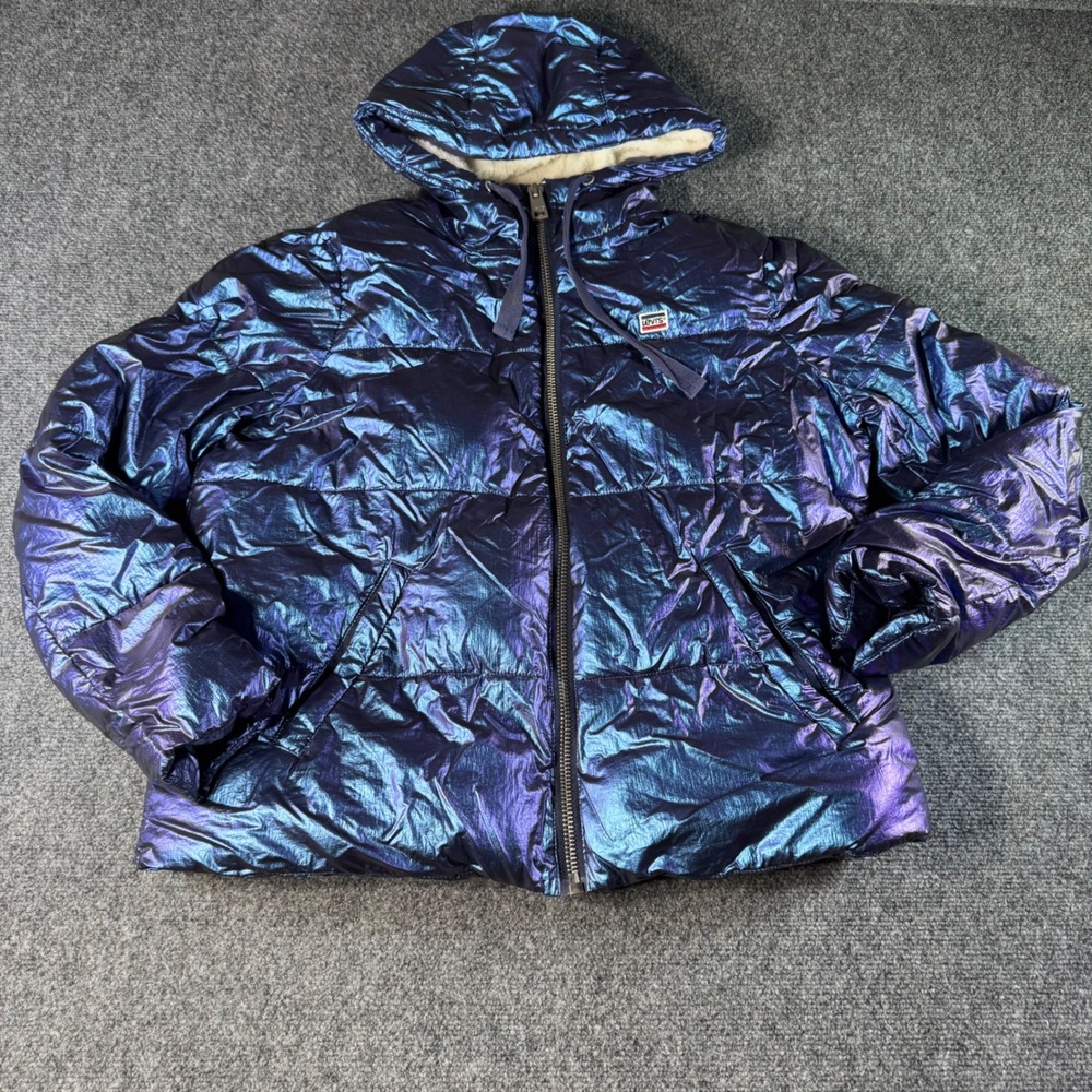 Levis Womens Iridescent Metallic Puffer Jacket Purple Blue Faux Fur Lined Hood M